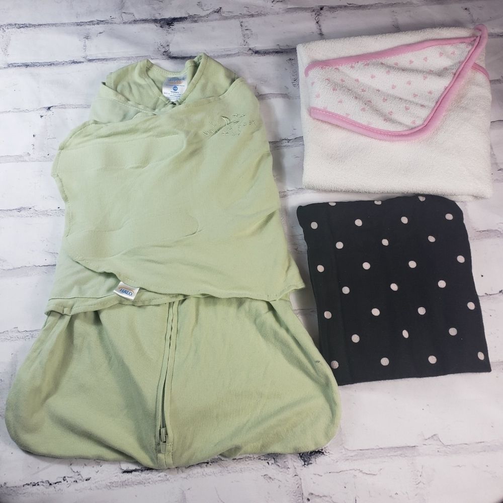 Halo Sleep Sack, Gerber Swaddle and Hooded Towel Infant Bundle NWOT